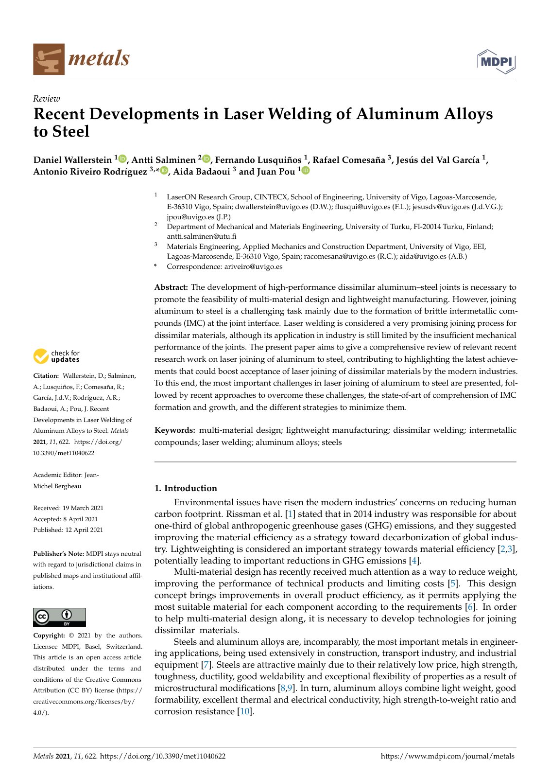 First page of Recent Developments in Laser Welding of Aluminum Alloys to Steel