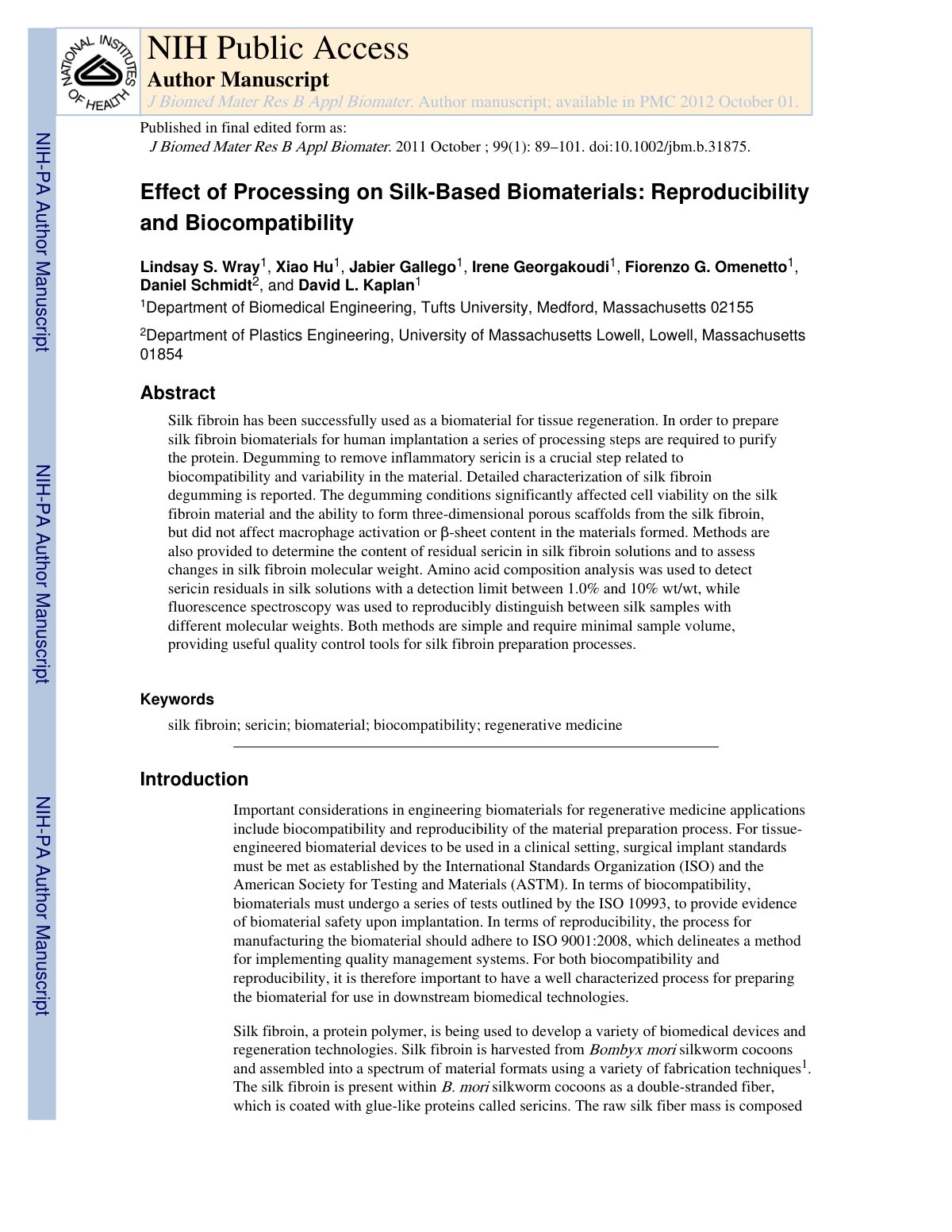 First page of Effect of Processing on Silk-Based Biomaterials: Reproducibility and Biocompatibility