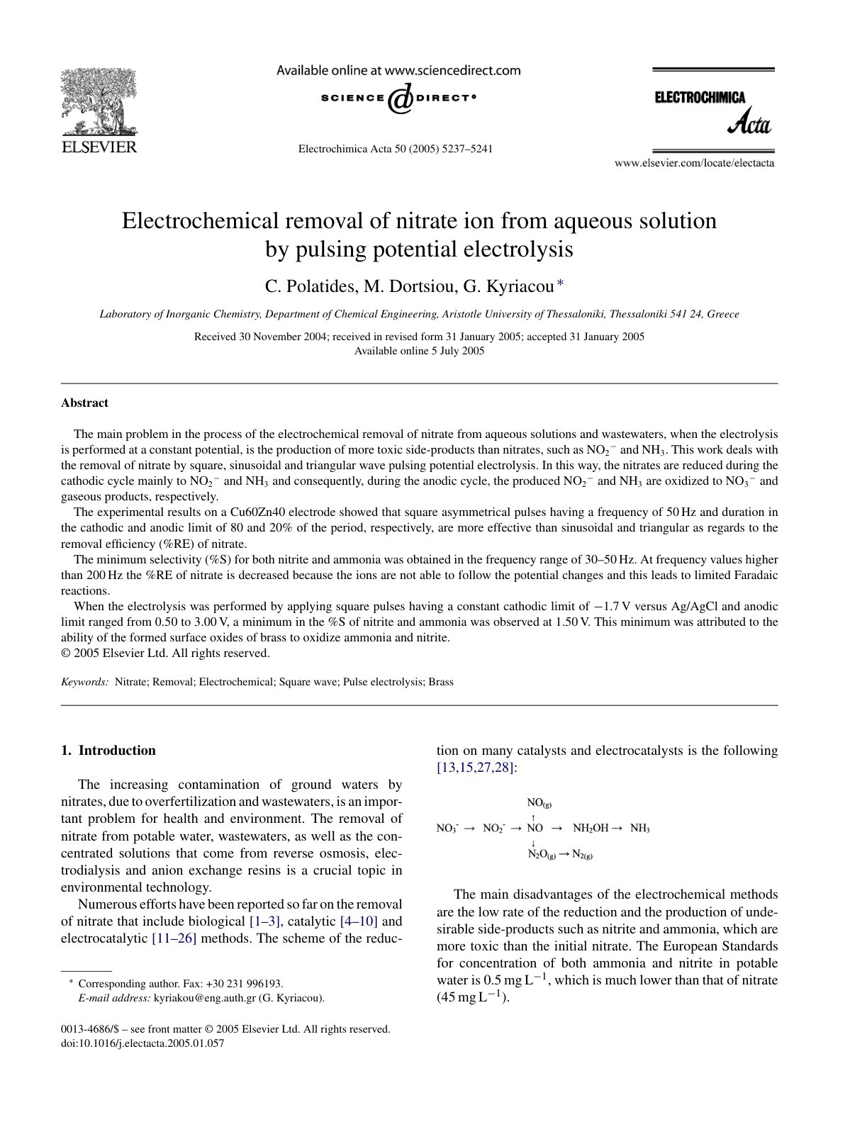 First page of Electrochemical removal of nitrate ion from aqueous solution by pulsing potential electrolysis