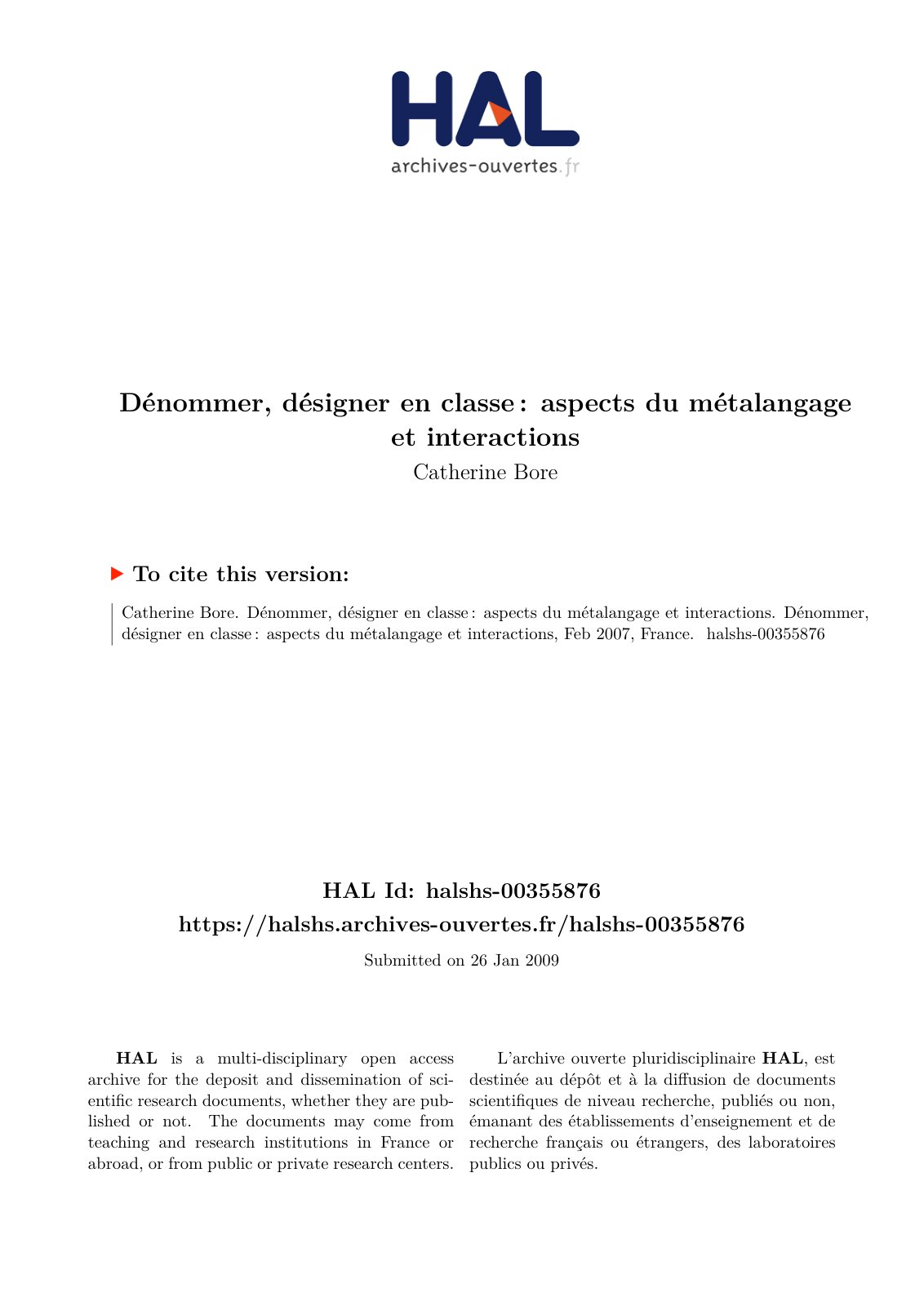 First page of Dénommer, désigner en classe : aspects du métalangage et interactions