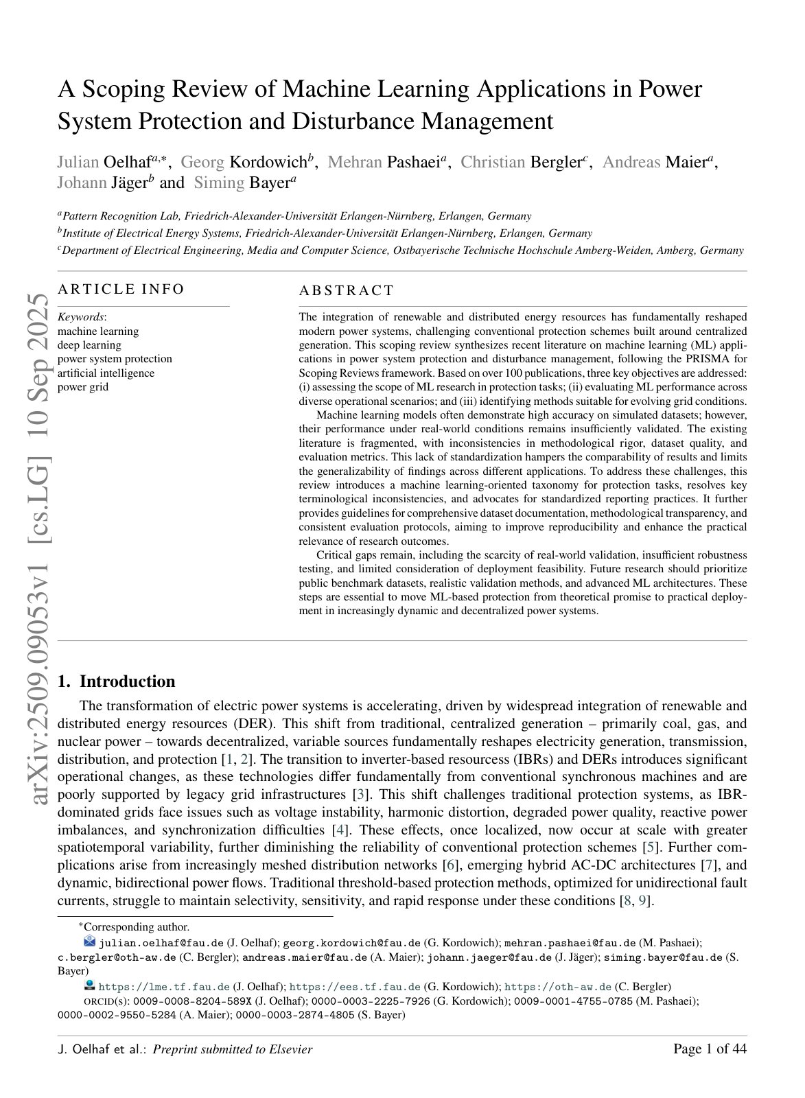 First page of A Scoping Review of Machine Learning Applications in Power System Protection and Disturbance Management