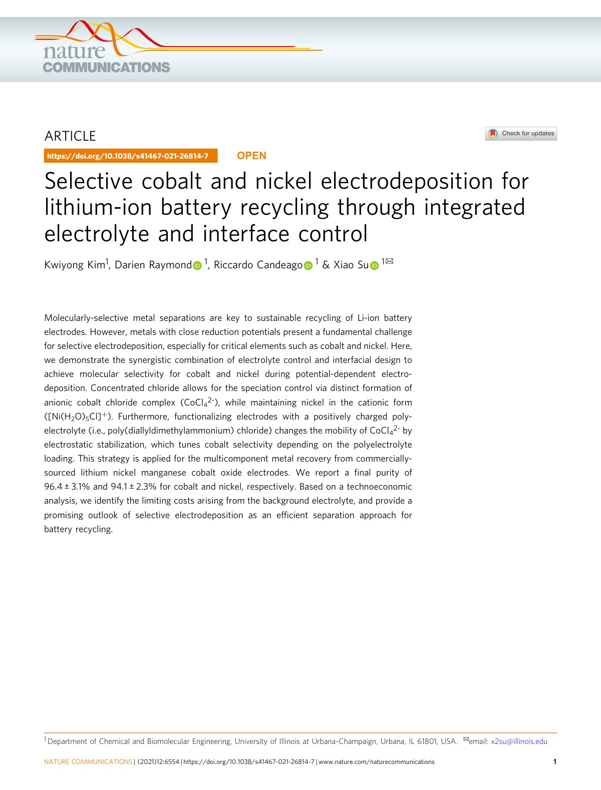 First page of Selective cobalt and nickel electrodeposition for lithium-ion battery recycling through integrated electrolyte and interface control