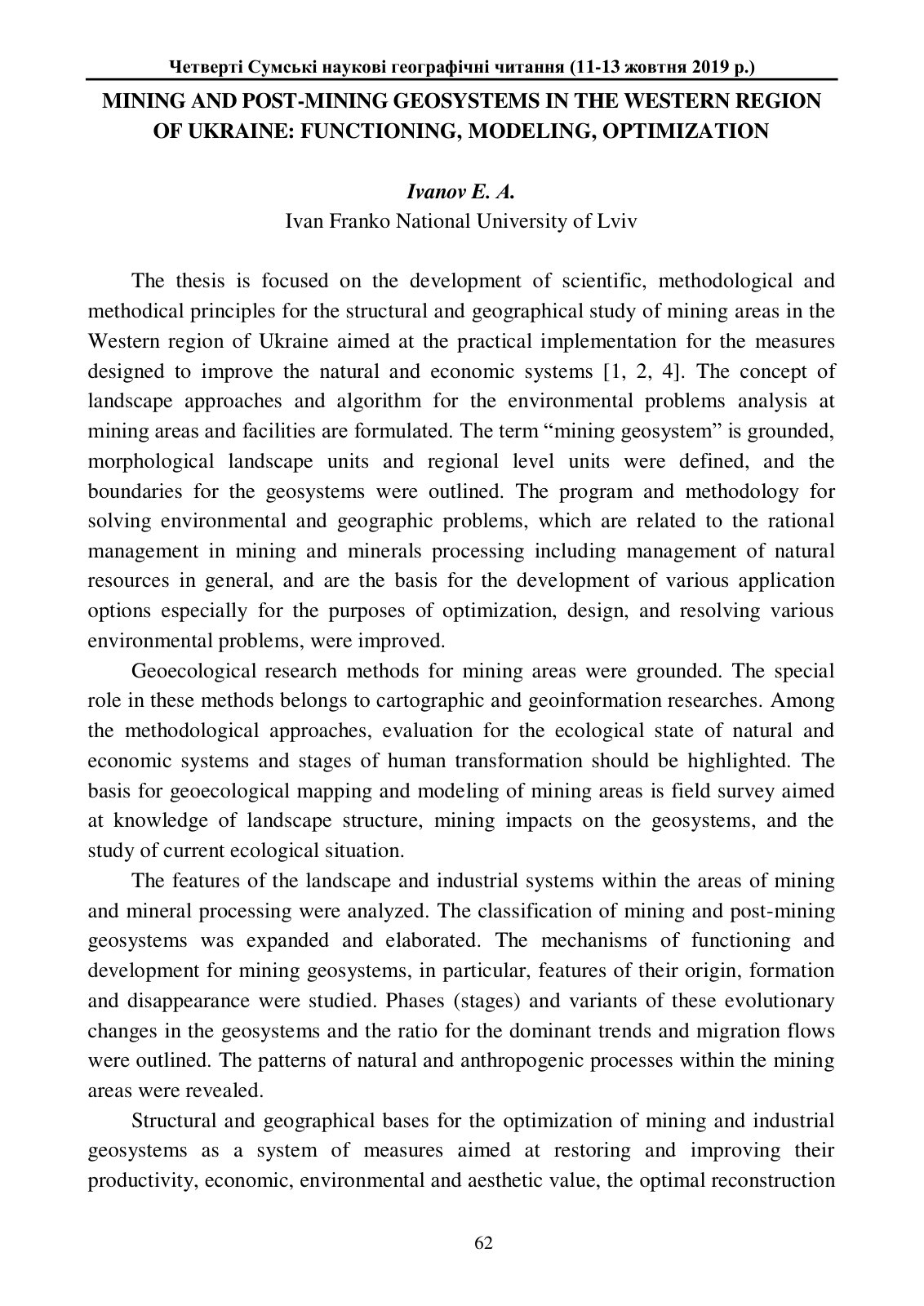 First page of Mining and Post-Mining Geosystems in the Western Region of Ukraine: Functioning, Modeling, Optimization