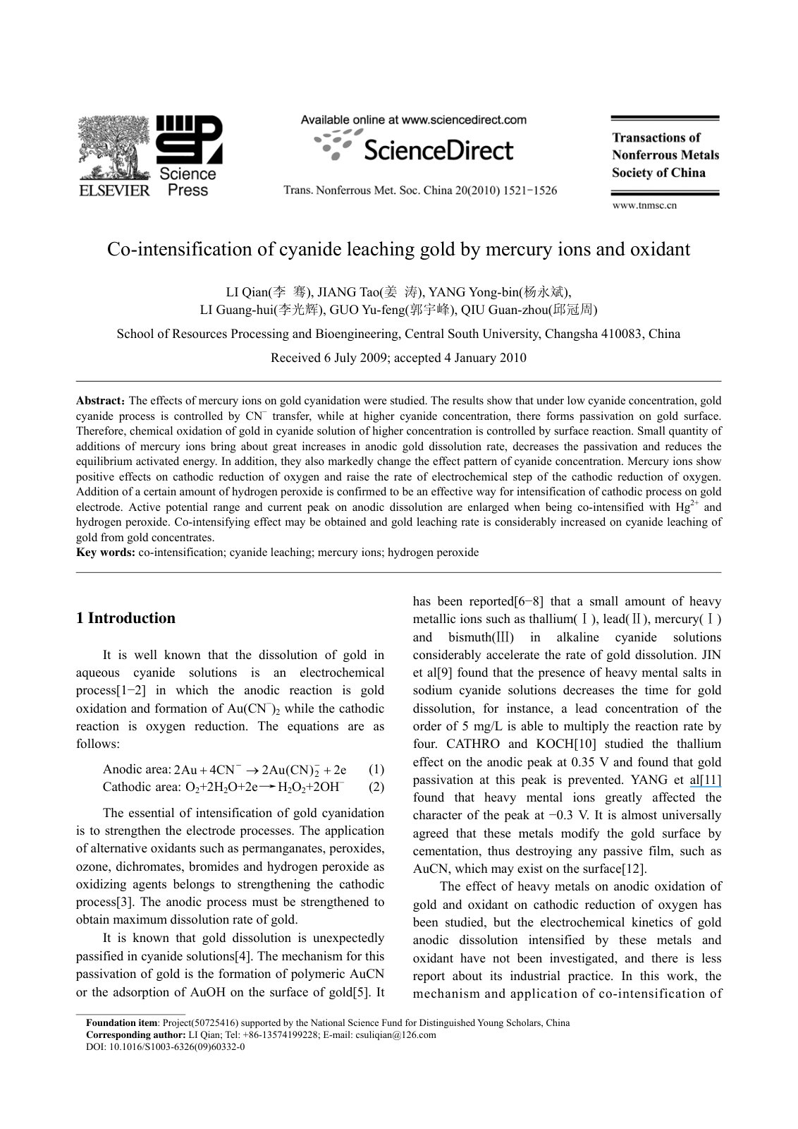 First page of Co intensification of cyanide leaching g