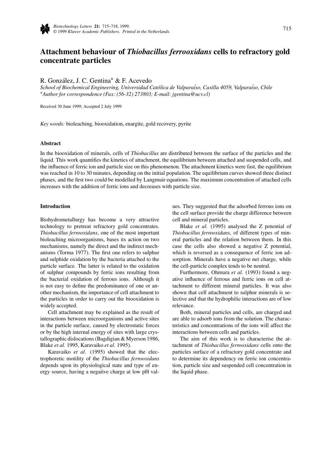 First page of Attachment behaviour of Thiobacillus fer