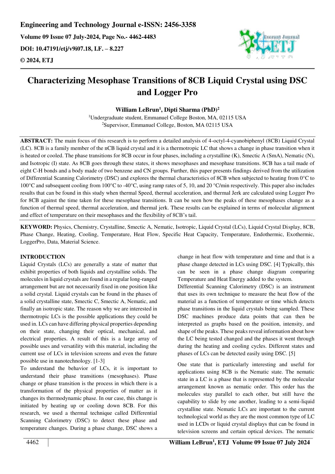 First page of Characterizing Mesophase Transitions of 8CB Liquid Crystal using DSC and Logger Pro