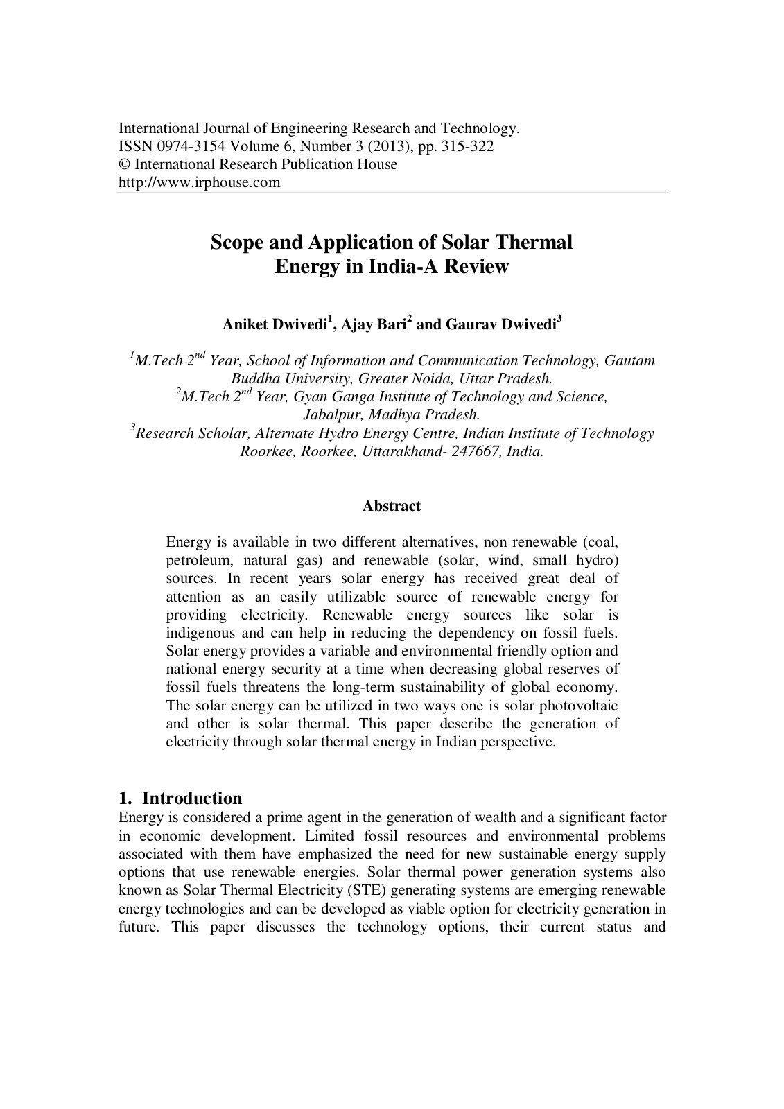 First page of Scope and Application of Solar Thermal Energy in India-A Review