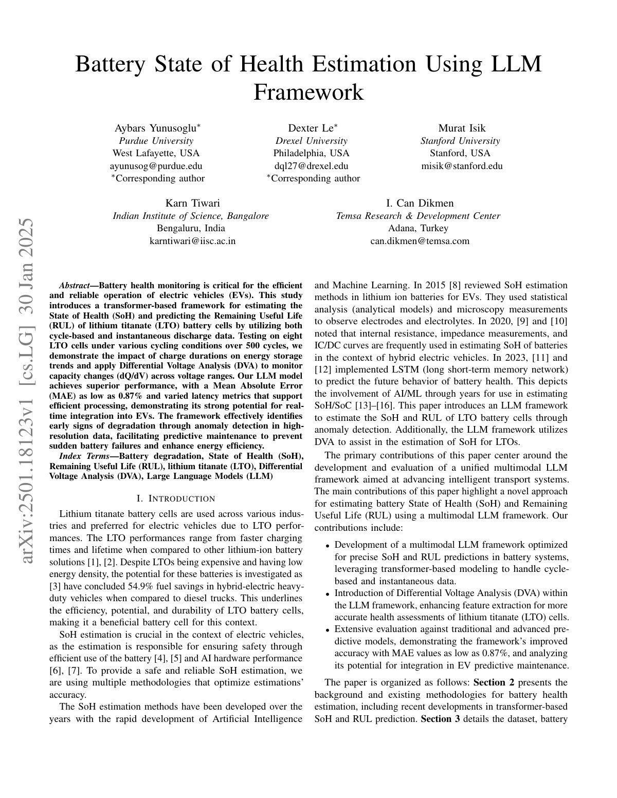 First page of Battery State of Health Estimation Using LLM