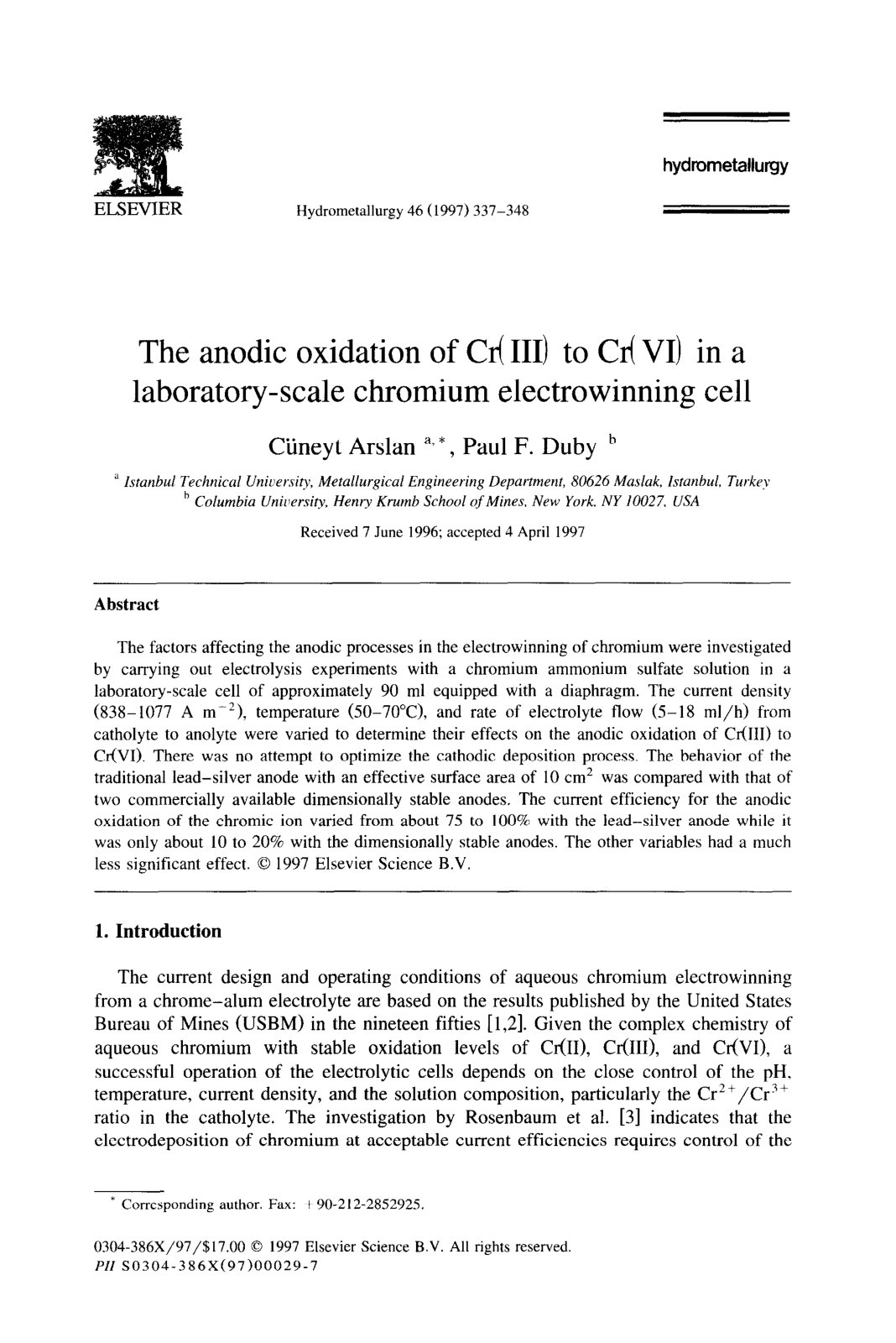 First page of The anodic oxidation of Cd III) to Cd VI) in a laboratory-scale chromium electrowinning cell