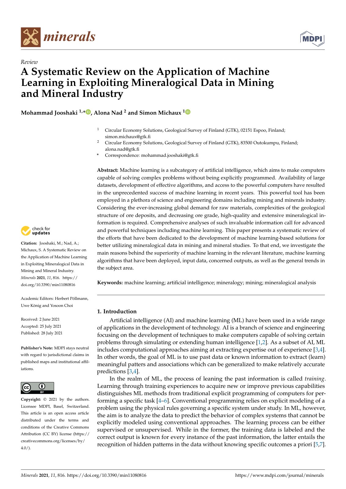 First page of A Systematic Review on the Application of Machine Learning in Exploiting Mineralogical Data in Mining and Mineral Industry