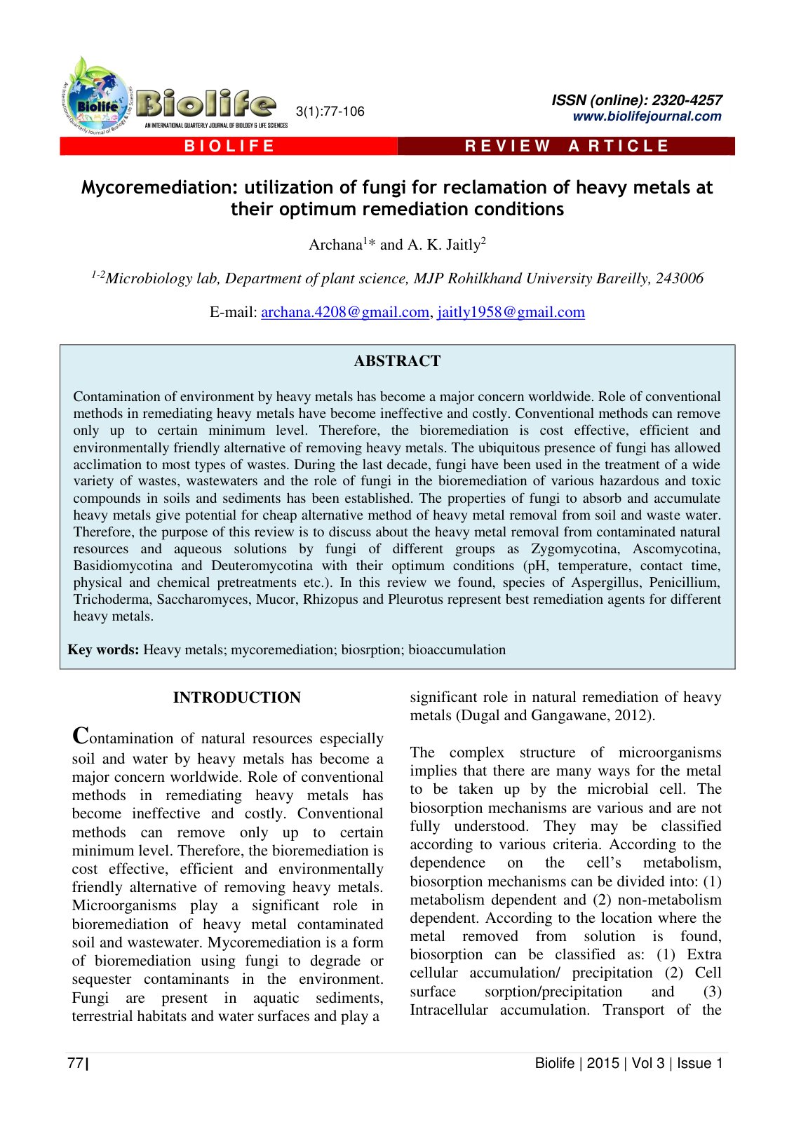 First page of Mycoremediation: utilization of fungi for reclamation of heavy metals at their optimum remediation conditions