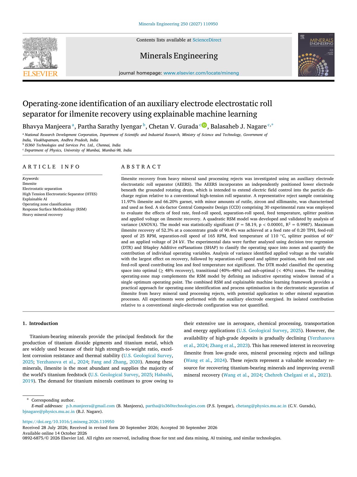 First page of Operating zone identification of an auxiliary electrode electr 2027 Minerals