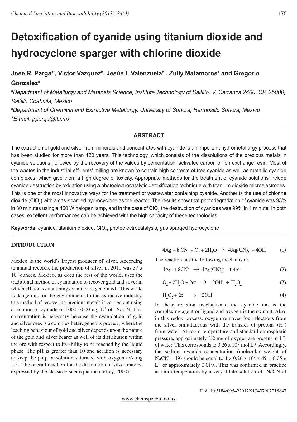 First page of Detoxification of cyanide using TiO2 and GSH with ClO2