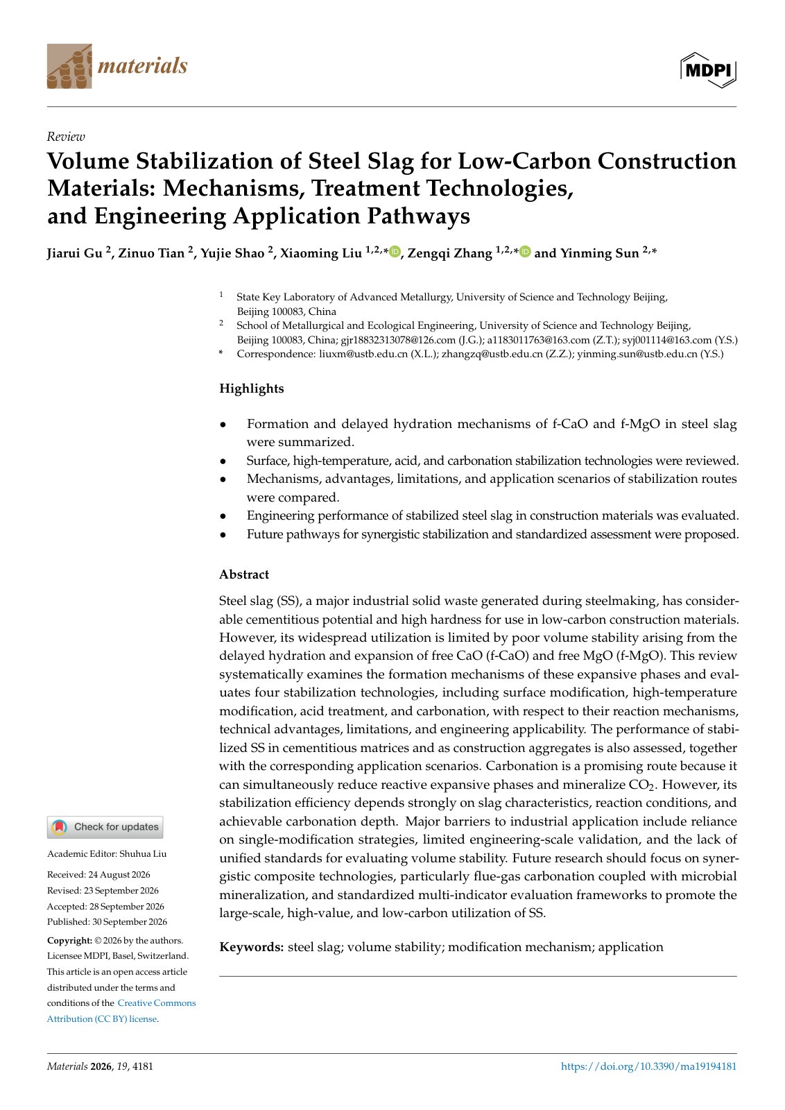 First page of Volume Stabilization of Steel Slag for Low-Carbon Construction Materials: Mechanisms, Treatment Technologies, and Engineering Application Pathways