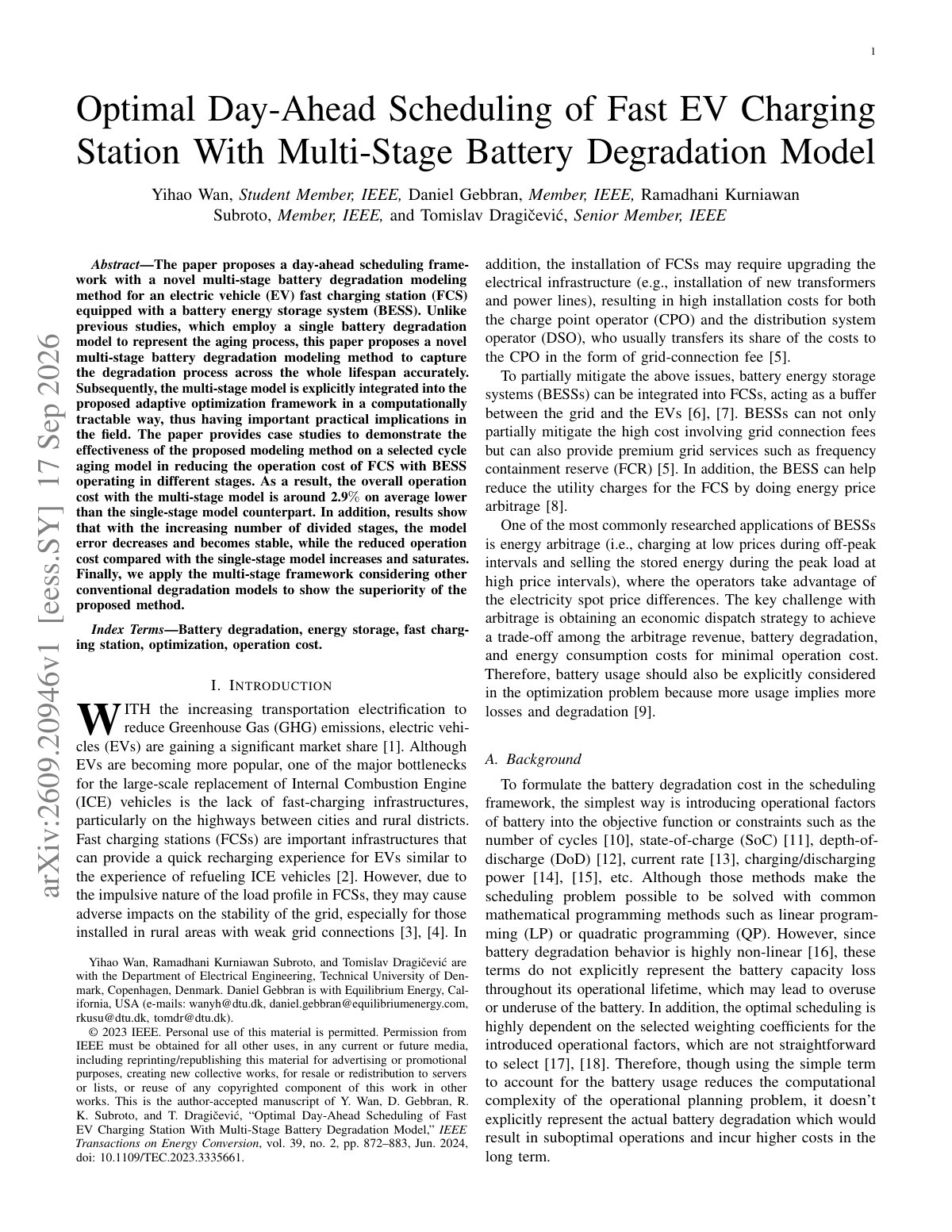 First page of Optimal Day-Ahead Scheduling of Fast EV Charging Station With Multi-Stage Battery Degradation Model