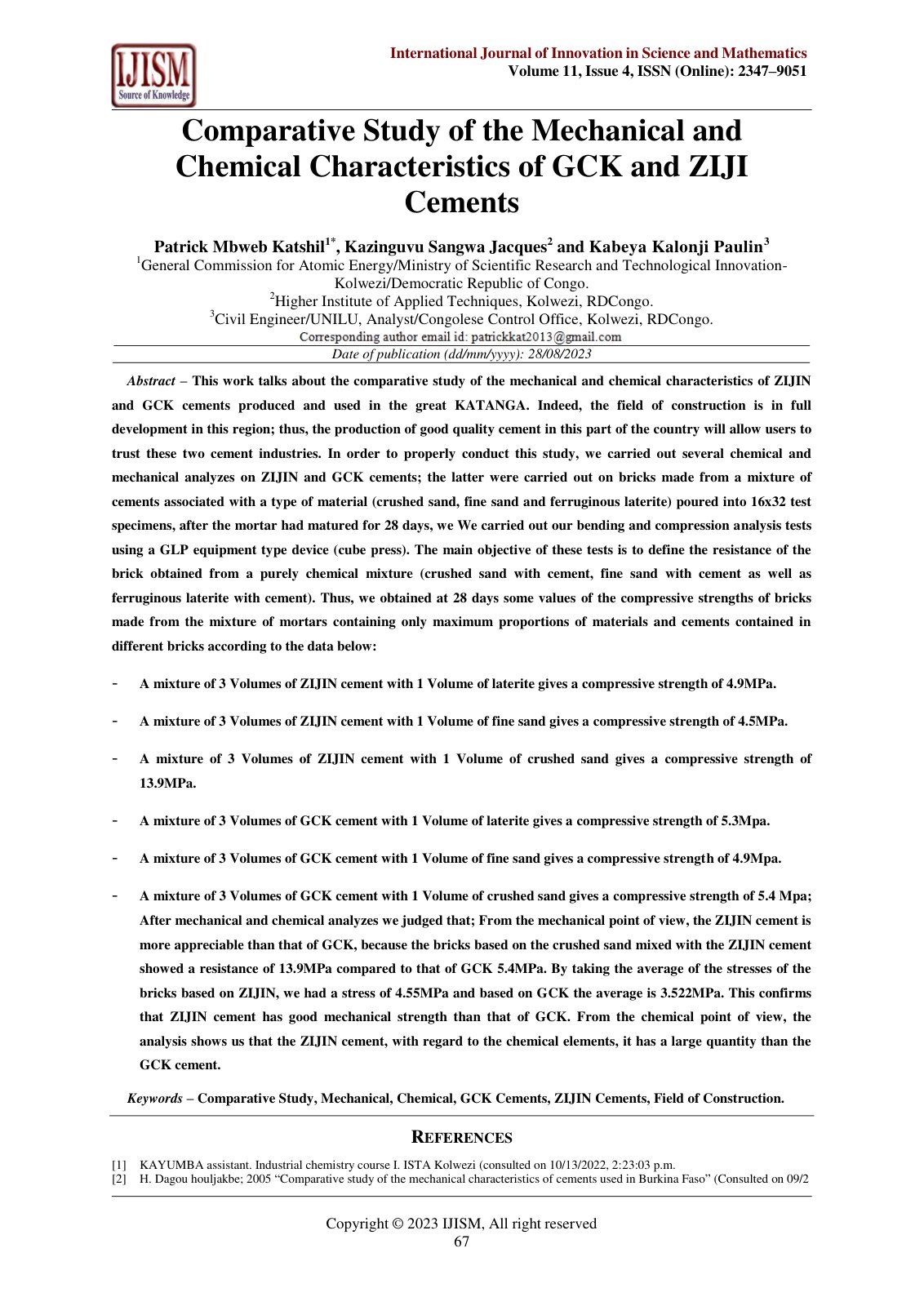 First page of Comparative Study of the Mechanical and Chemical Characteristics of GCK and ZIJI Cements