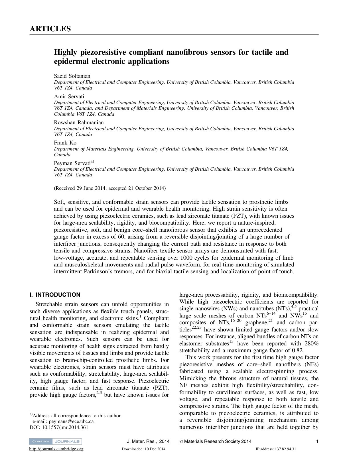 First page of Highly piezoresistive compliant nanofibr