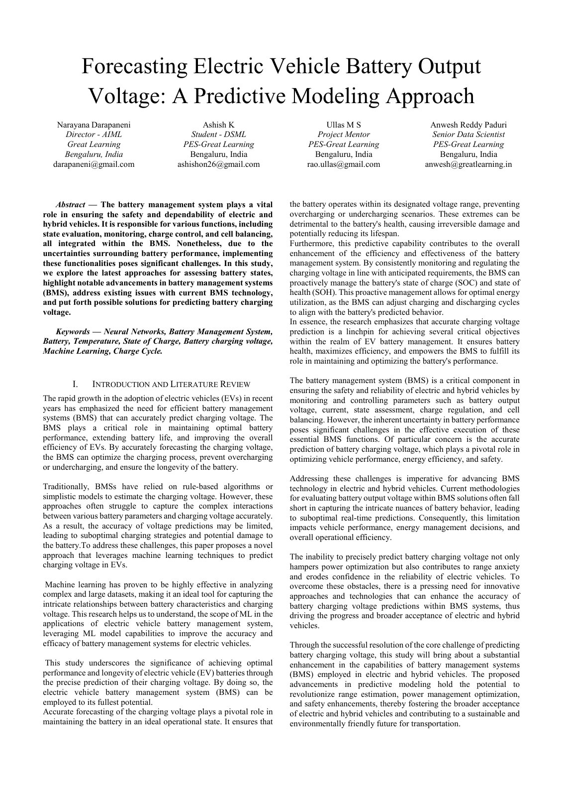 First page of Forecasting Electric Vehicle Battery Output Voltage: A Predictive Modeling Approach