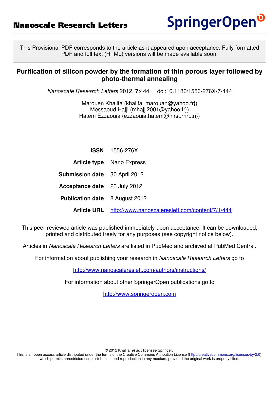 First page of Purification of silicon powder by the fo