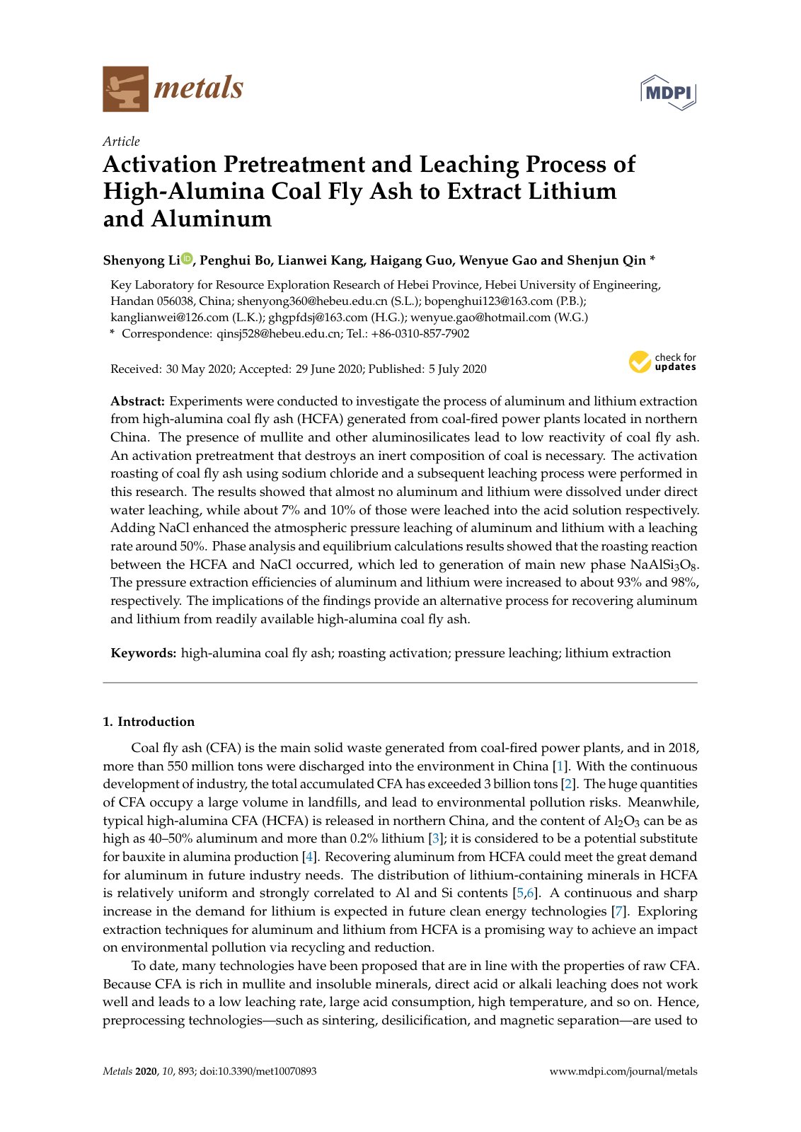 First page of 2020   Li   Activation Pretreatment and Leaching Process of High Alumina Coal Fly Ash to
