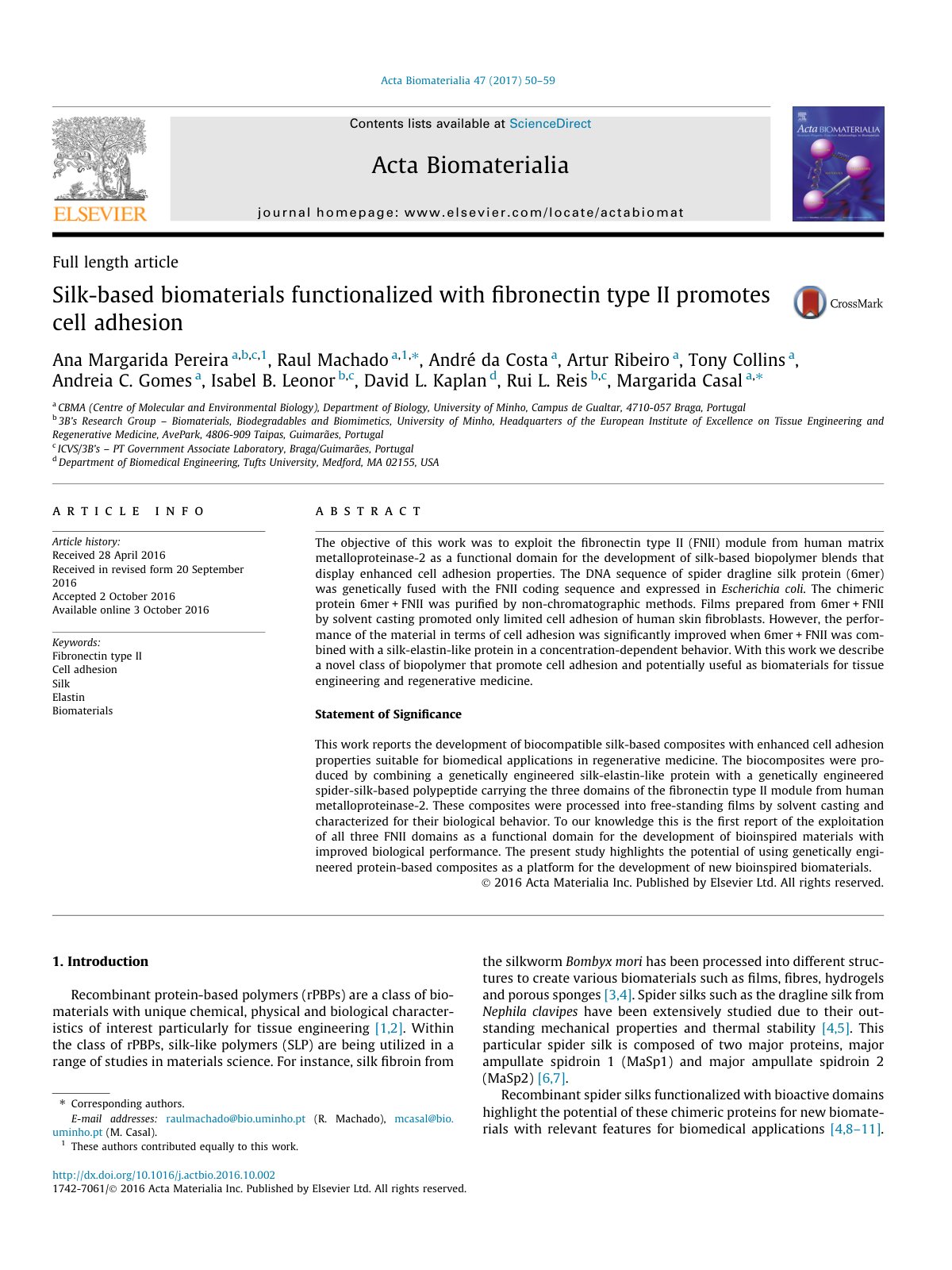 First page of Silk-based biomaterials functionalized with fibronectin type II promotes cell adhesion