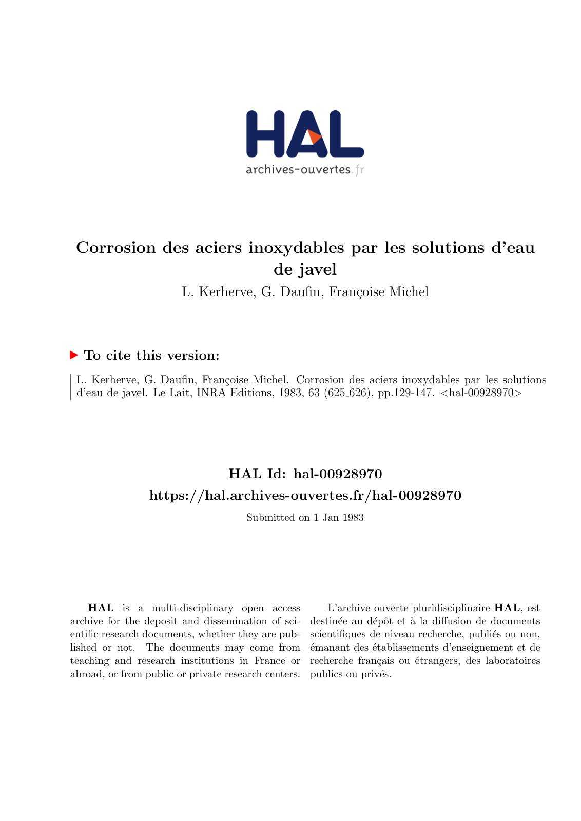 First page of Corrosion des aciers inoxydables par les solutions d’eau de javel