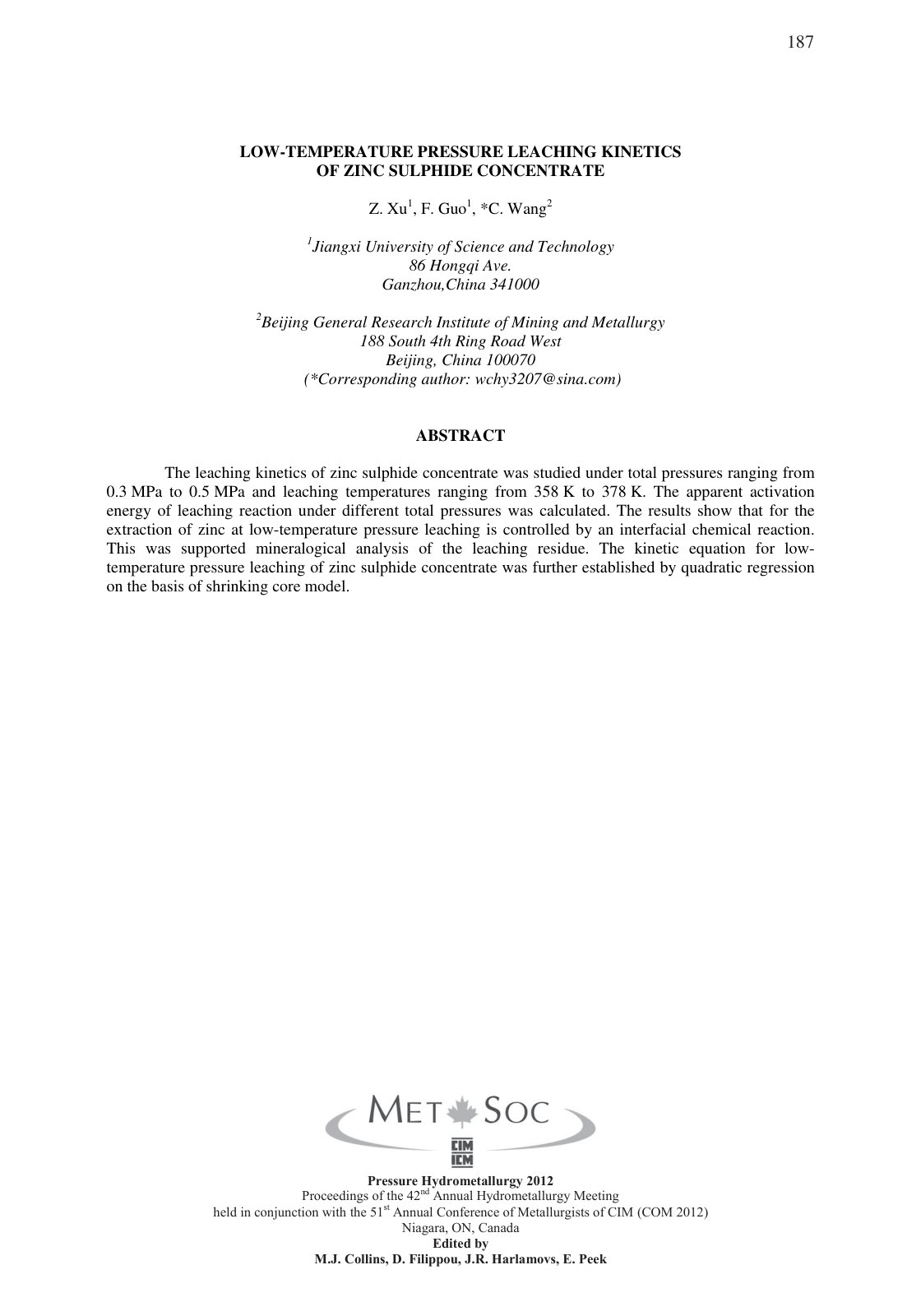 First page of LOW-TEMPERATURE PRESSURE LEACHING KINETICS OF ZINC SULPHIDE CONCENTRATE