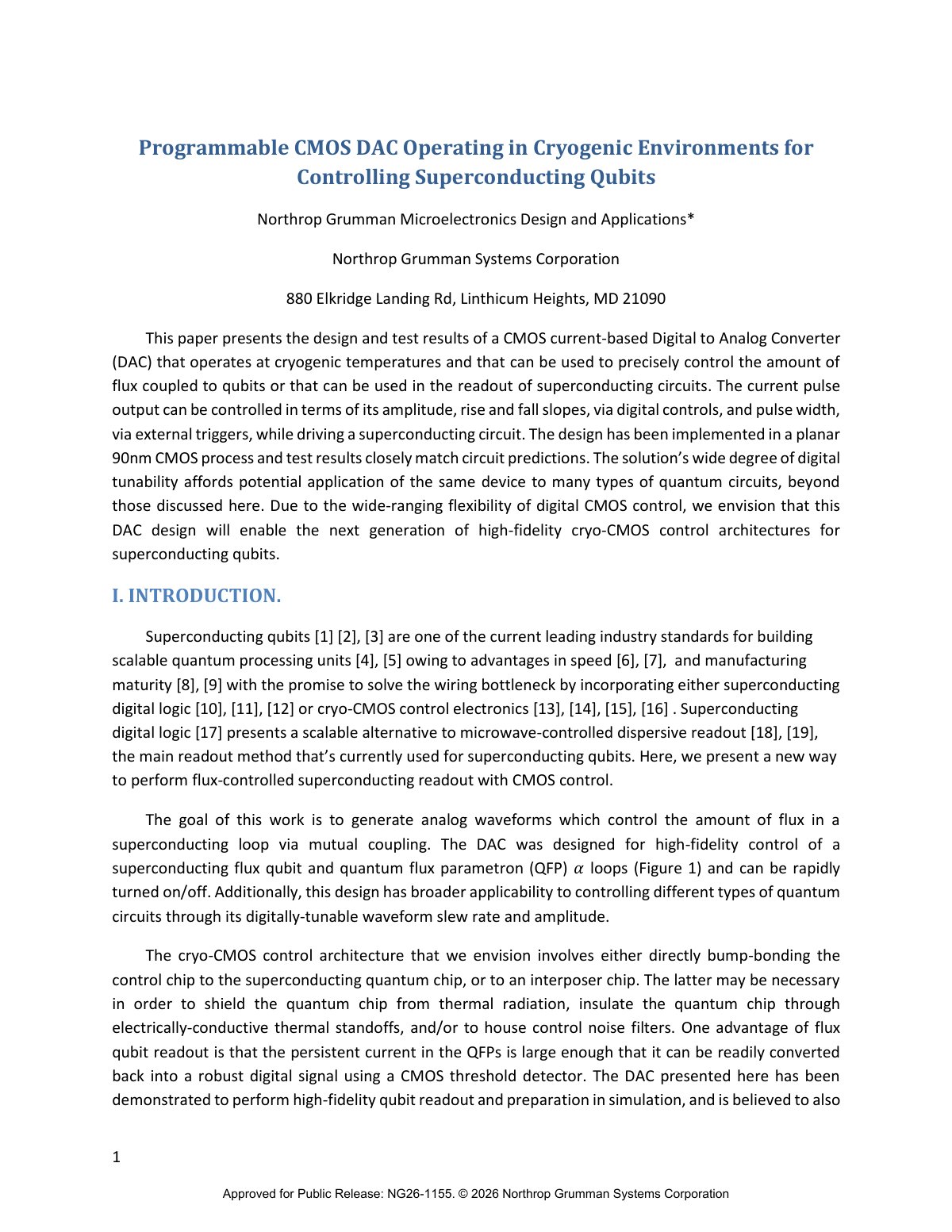 First page of 2026 Pelteku Cryogenic CMOS DAC Qubit Control