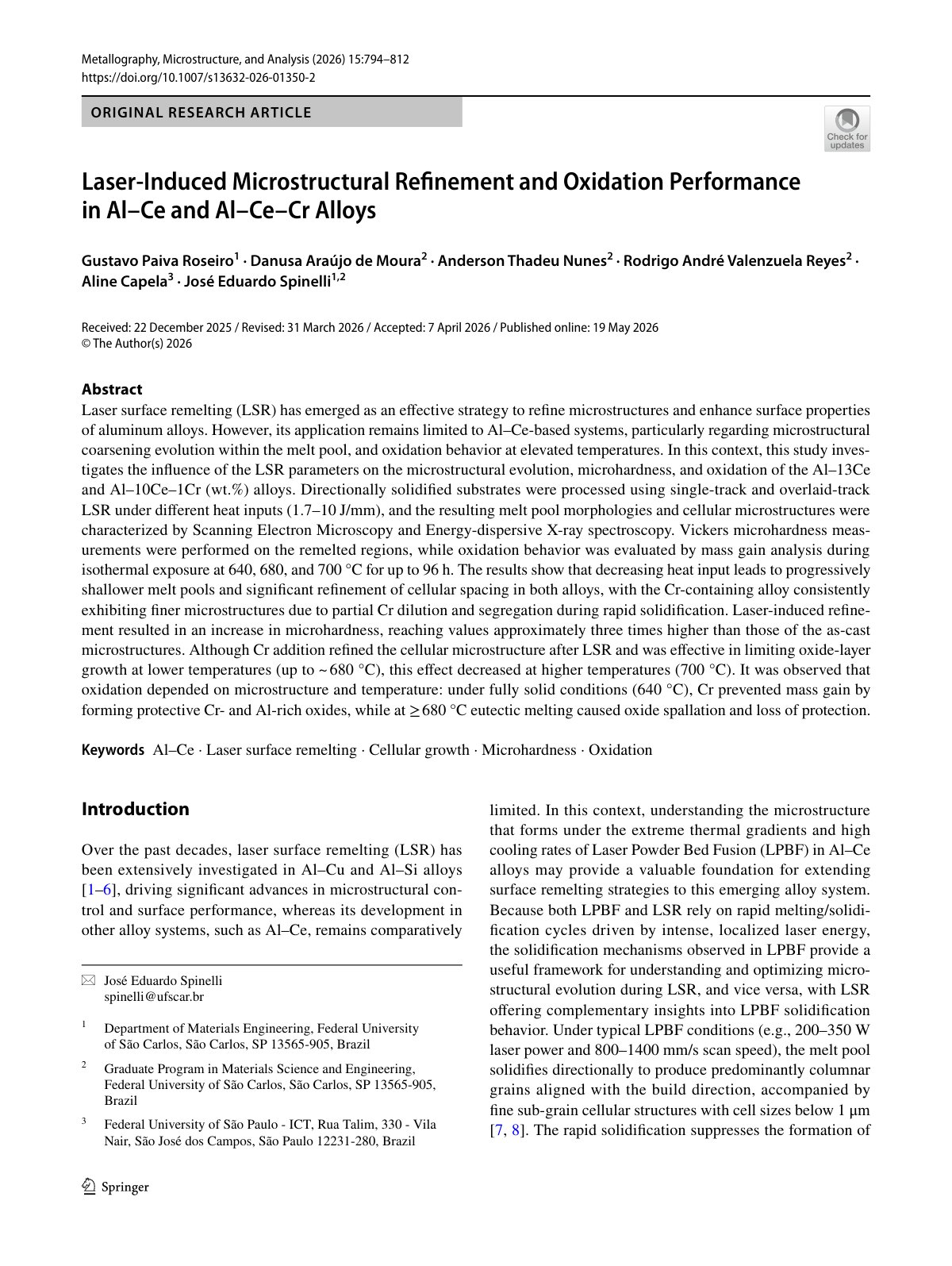 First page of 2026 Roseiro Laser Surface Remelting Al Ce Alloys
