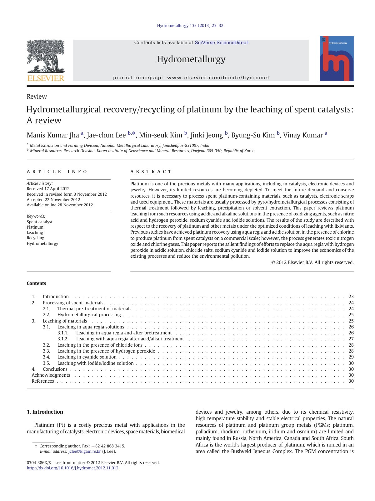 First page of Hydrometallurgical recovery recycling of