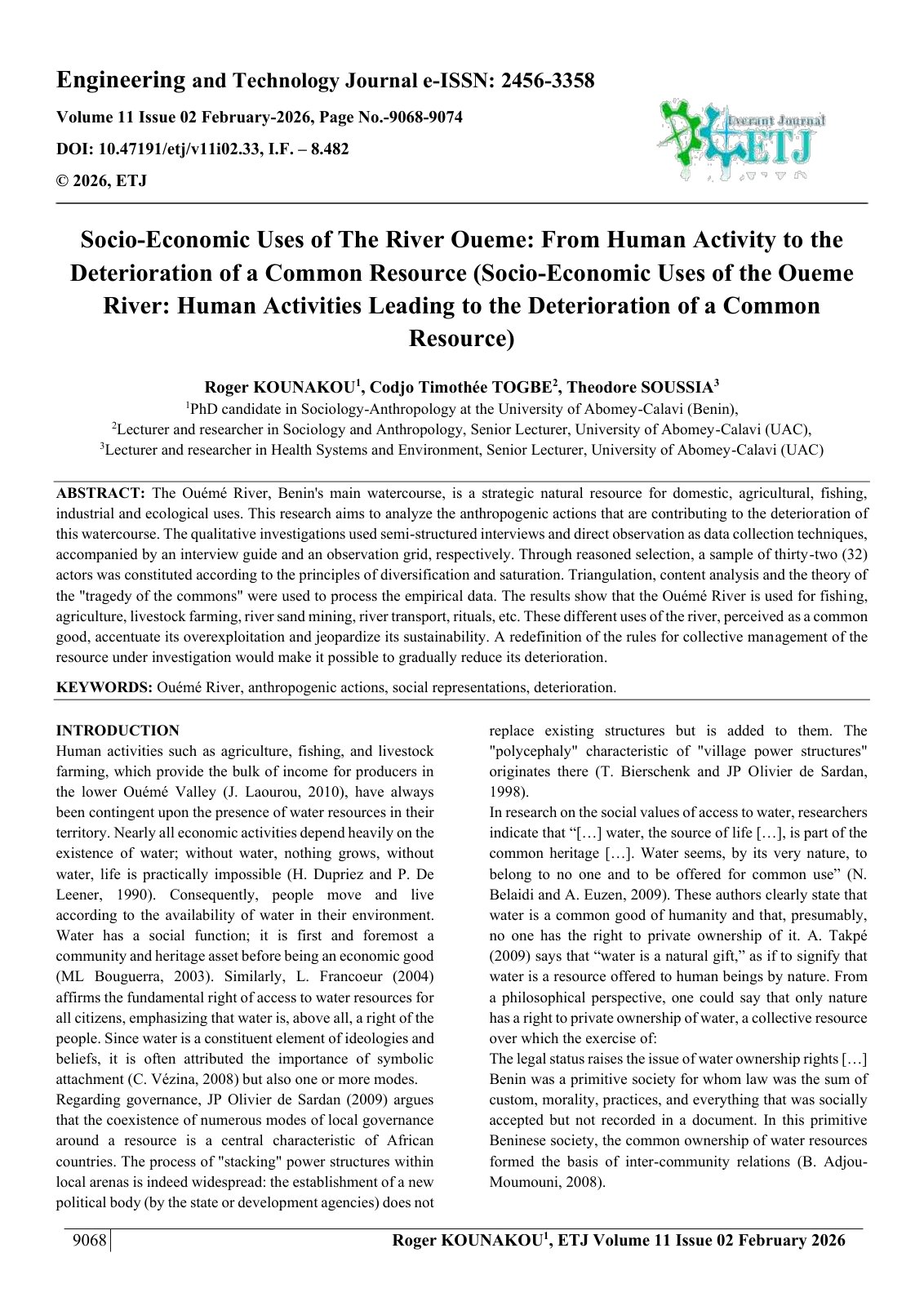 First page of Socio-Economic Uses of The River Oueme: From Human Activity to the  Deterioration of a Common Resource (Socio-Economic Uses of the Oueme  River: Human Activities Leading to the Deterioration of a Common  Resource)  