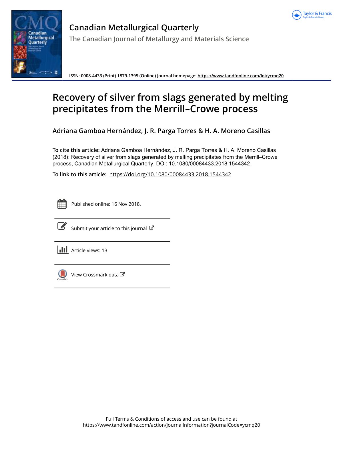 First page of Recovery of silver from slags generated