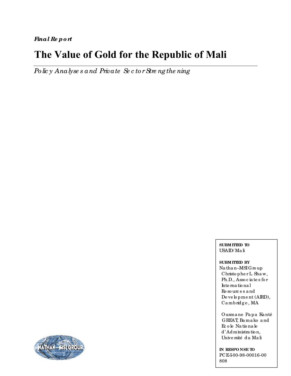 First page of The Value of Gold for the Republic of Ma