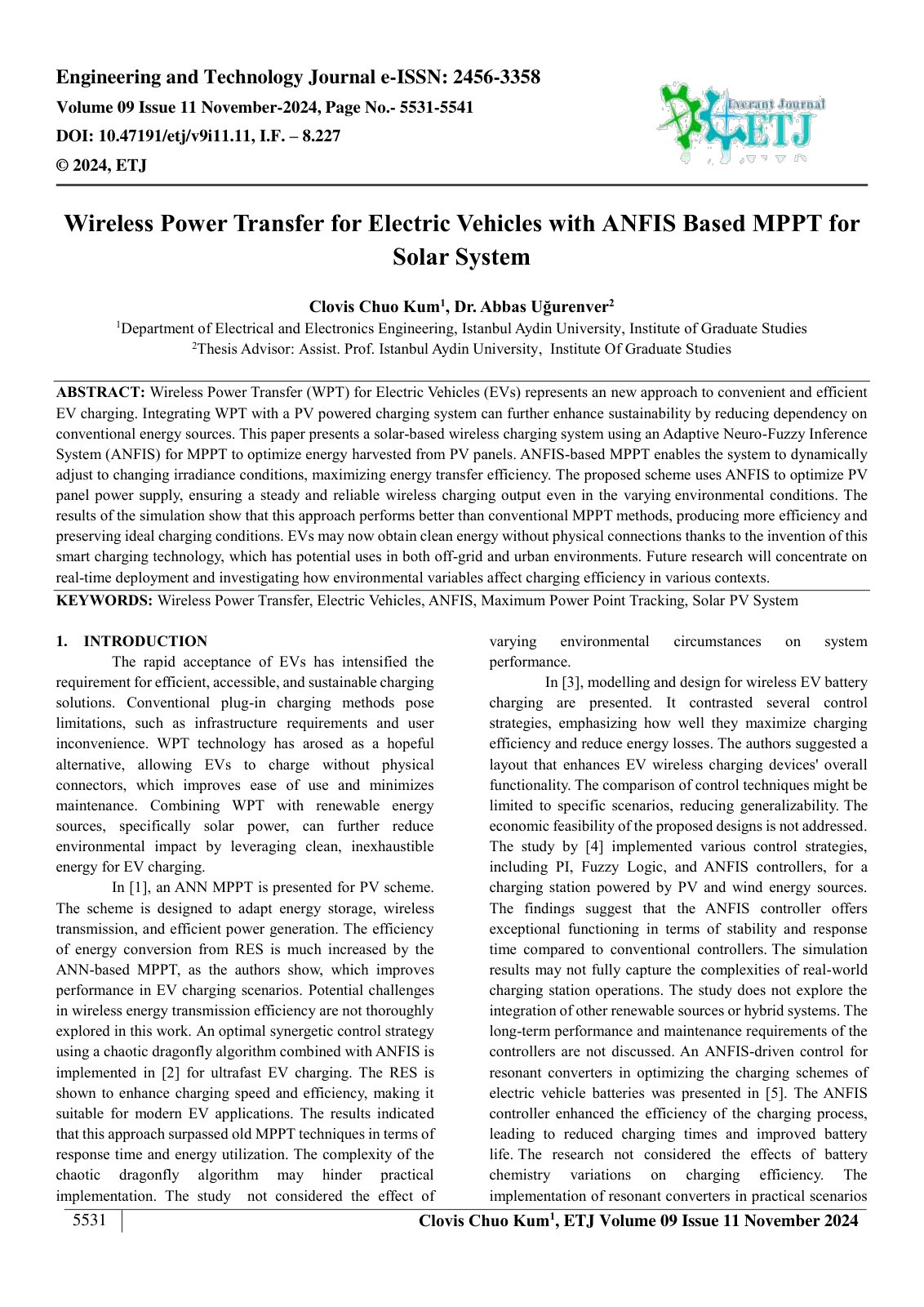 First page of Wireless Power Transfer for Electric Vehicles with ANFIS Based MPPT for 