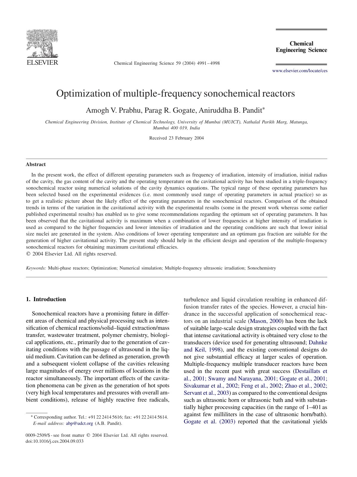 First page of Optimization of multiple-frequency sonochemical reactors