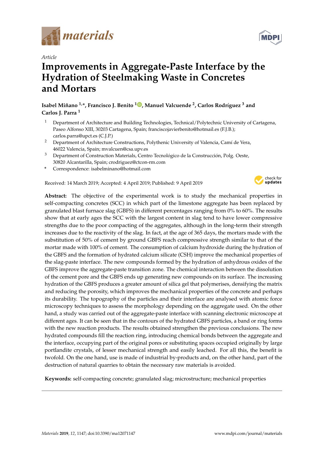 First page of Improvements in Aggregate-Paste Interface by the Hydration of Steelmaking W aste in Concretes and Mortars