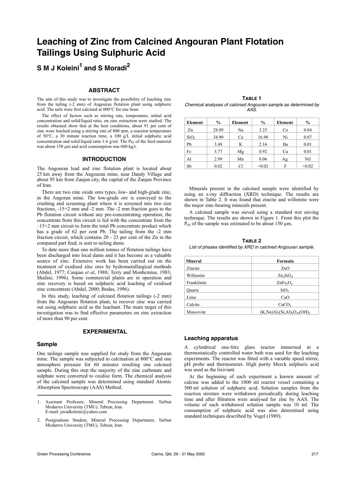 First page of Leaching of Zinc from Calcined Angouran Plant Flotation Tailings Using Sulphuric Acid