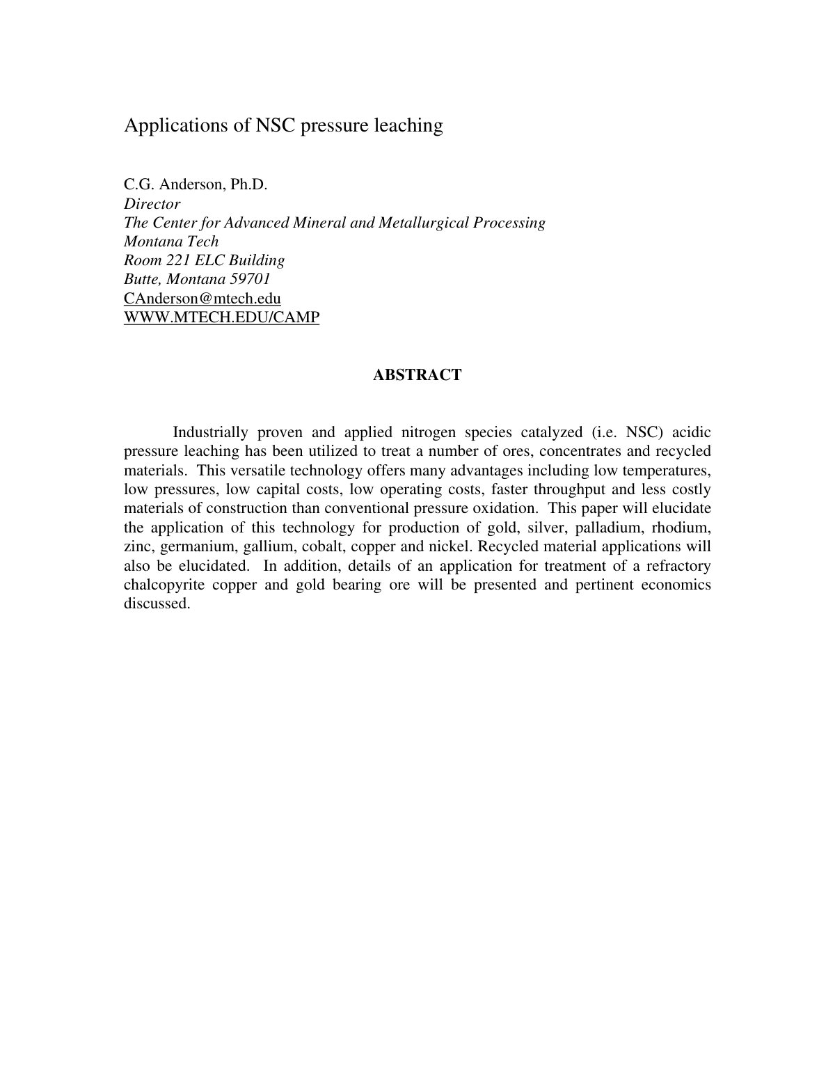 First page of Applications of NSC pressure leaching