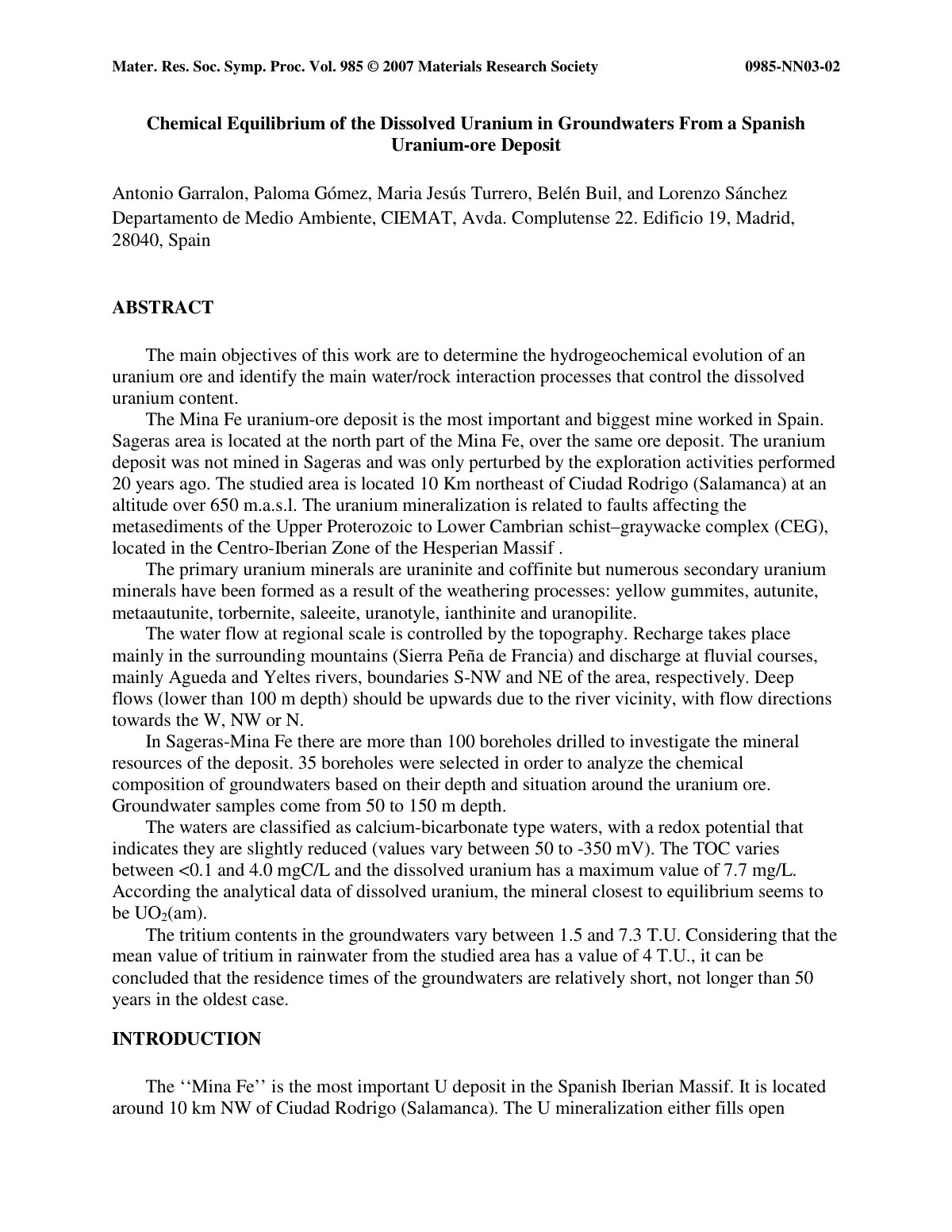 First page of Chemical Equilibrium of the Dissolved Uranium in Groundwaters From a Spanish Uranium-ore Deposit