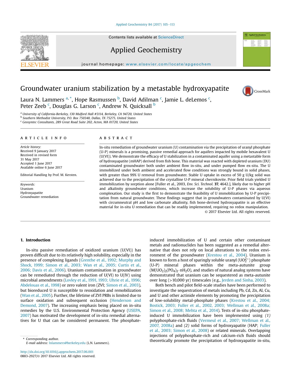 First page of Groundwater uranium stabilization by a metastable hydroxyapatite