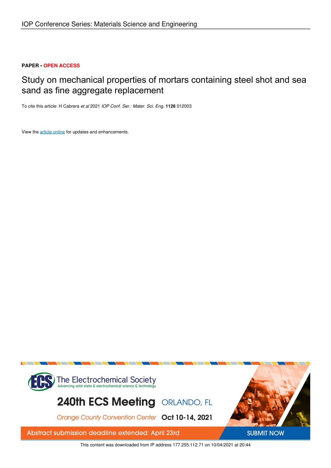 First page of Study on mechanical properties of mortar