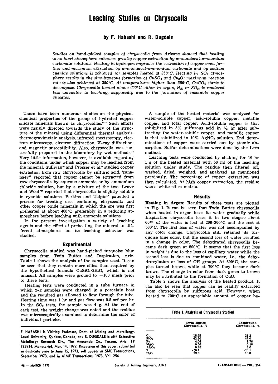 First page of Leaching studies on chrysocolla