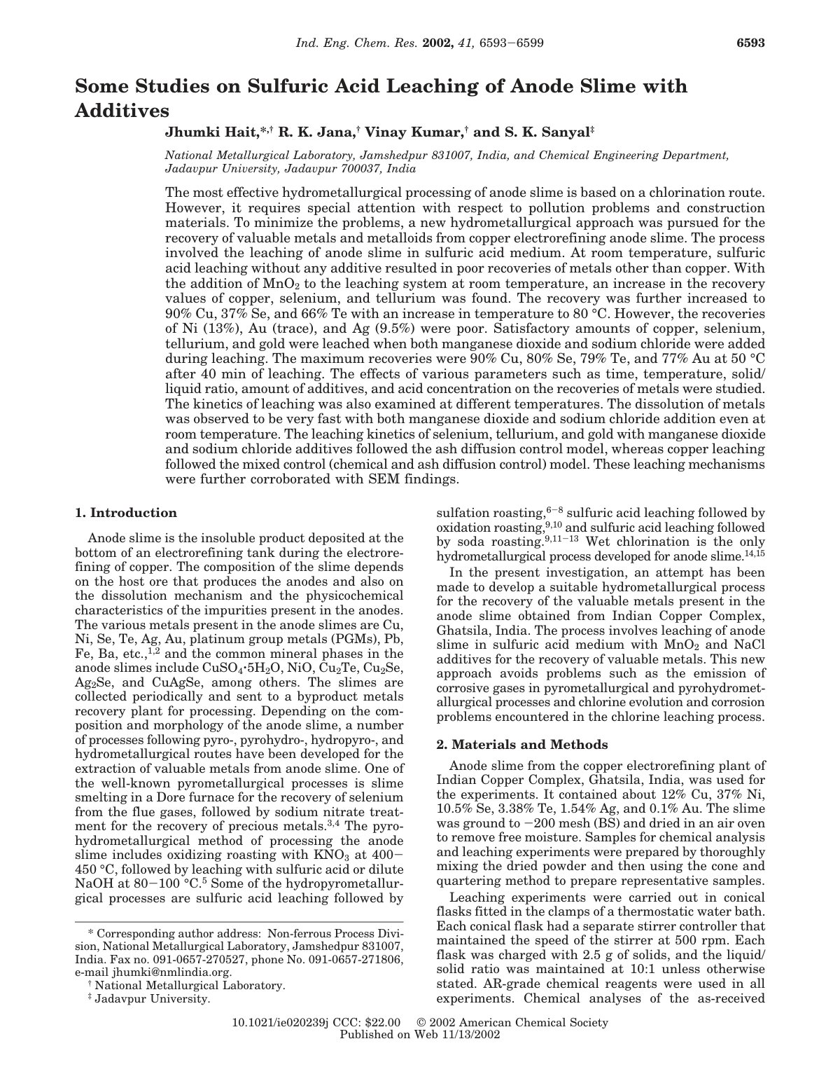 First page of Some Studies on Sulfuric Acid Leaching o