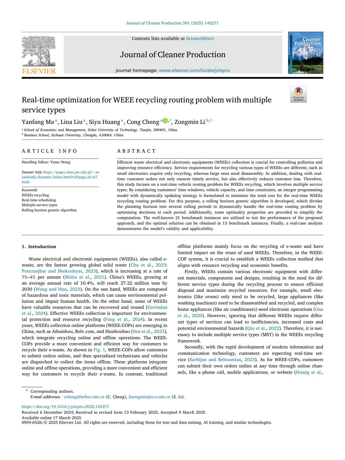 First page of Real time optimization for WEEE recycling routing pro 2025 Journal of Cleane