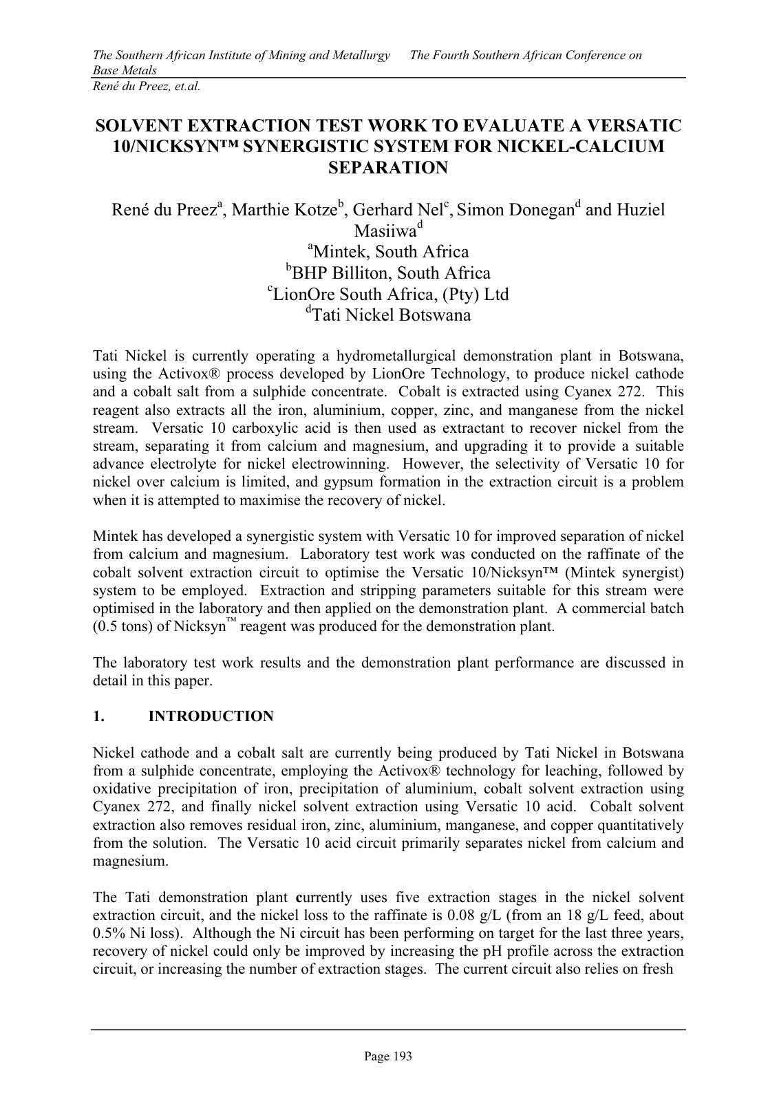 First page of Solvent Extraction Test Work to Evaluate a Versatic 10/Nicksyn™ Synergistic System for Nickel-Calcium Separation