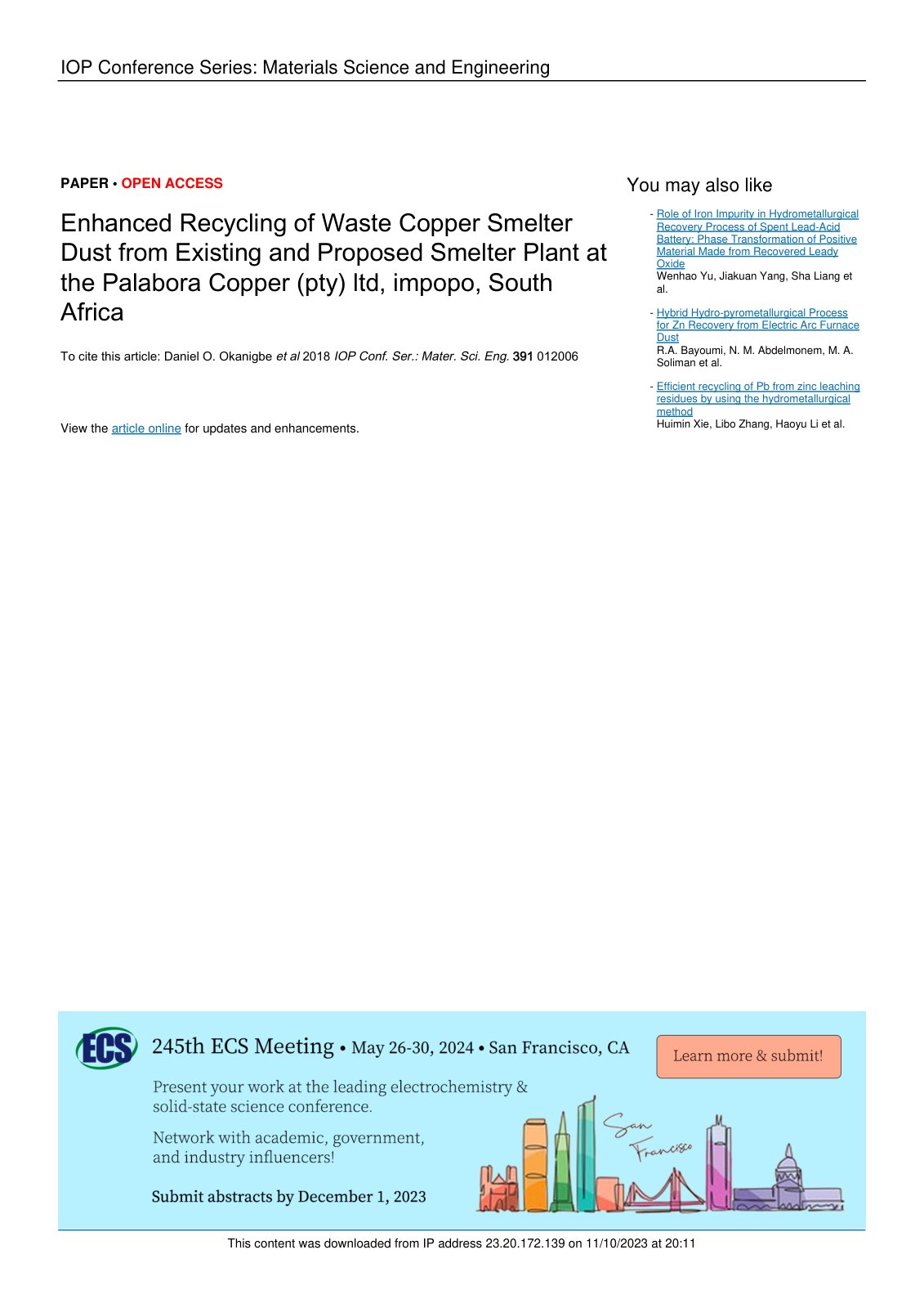 First page of Enhanced Recycling of Waste Copper Smelt