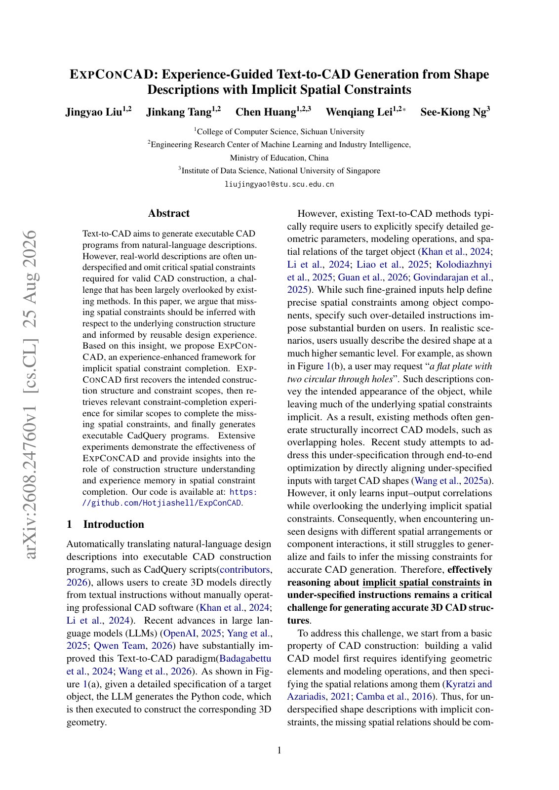 First page of EXPConCAD: Experience-Guided Text-to-CAD Generation from Shape Descriptions with Implicit Spatial Constraints