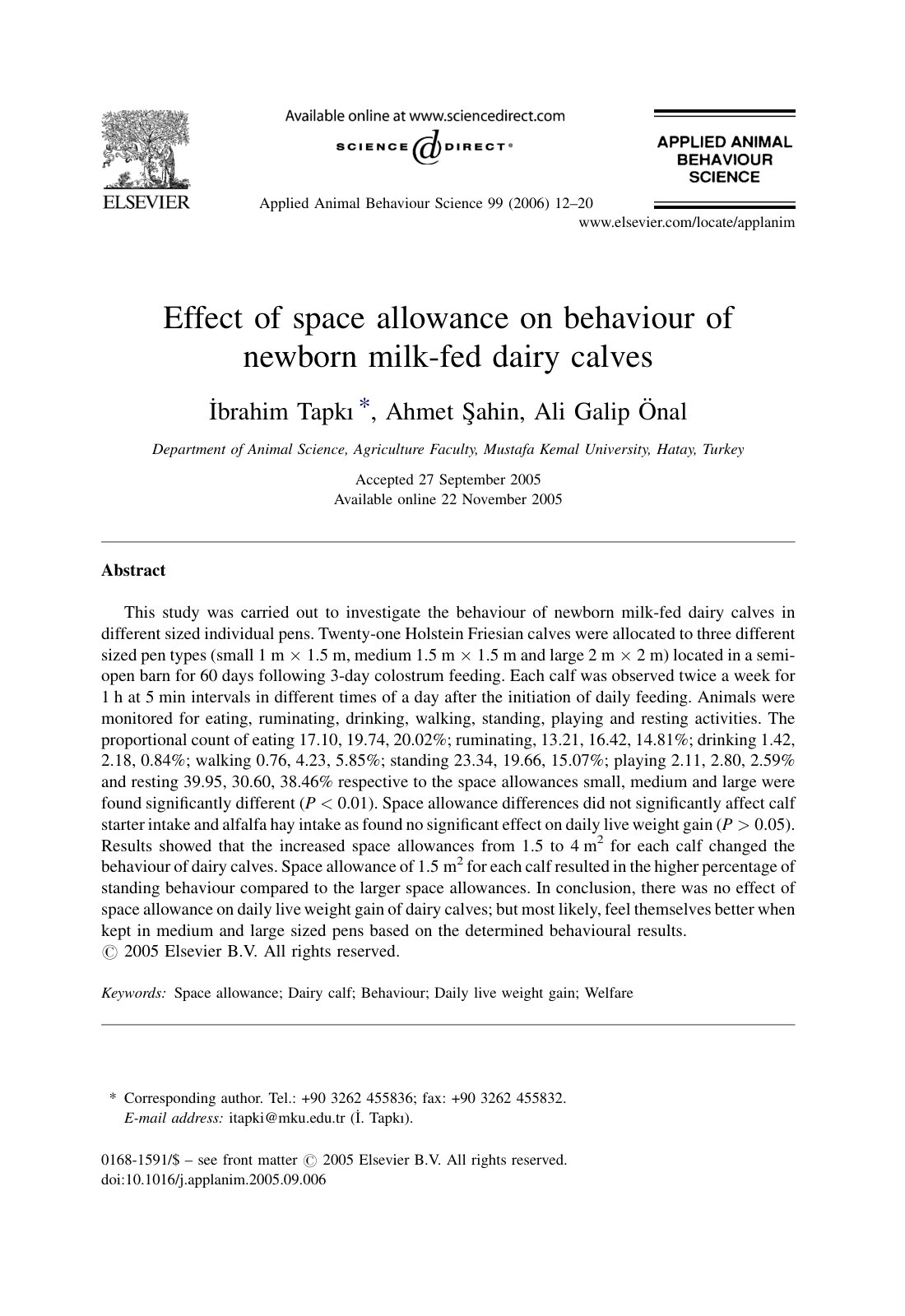 First page of Effect of space allowance on behaviour of newborn milk-fed dairy calves