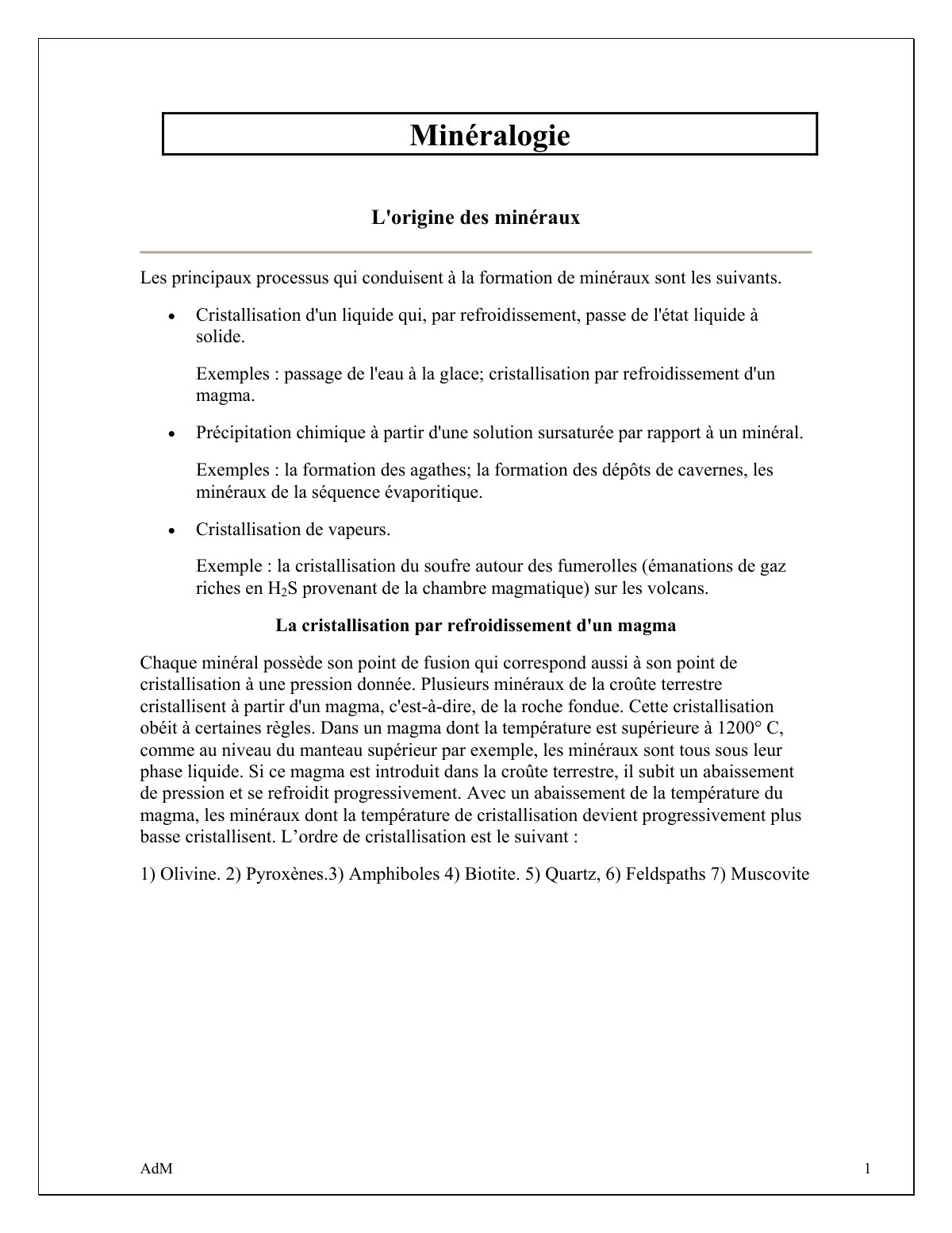 First page of L'origine des minéraux