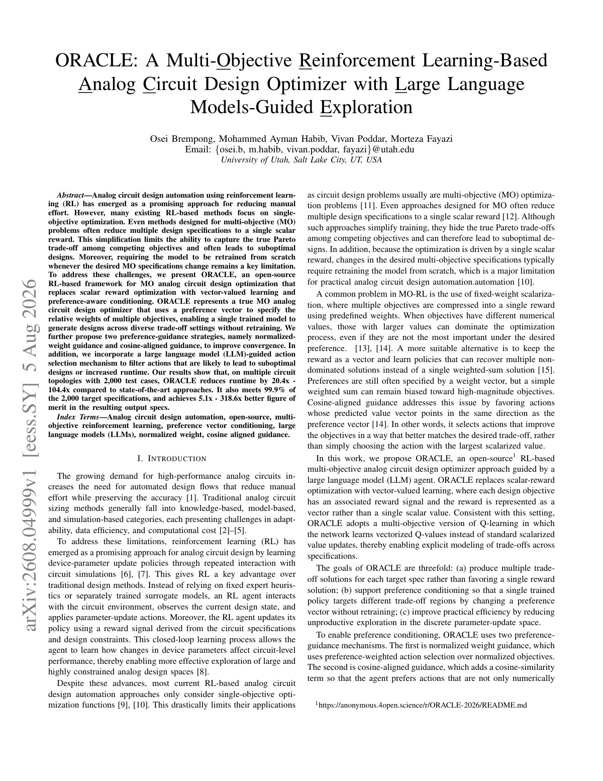 First page of ORACLE: A Multi-O bjective Reinforcement Learning-Based Analog Circuit Design Optimizer with L arge Language Models-Guided Exploration